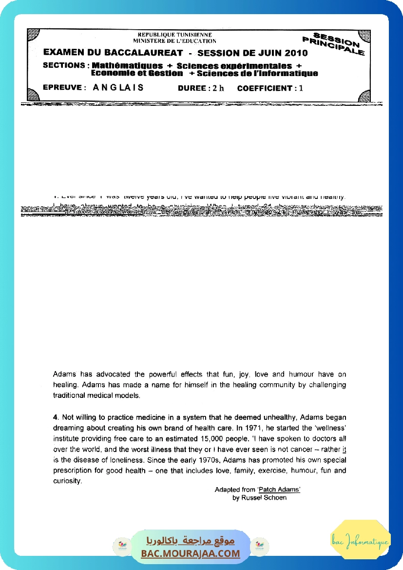 Sujet principale anglais Bac 2010 – Section info